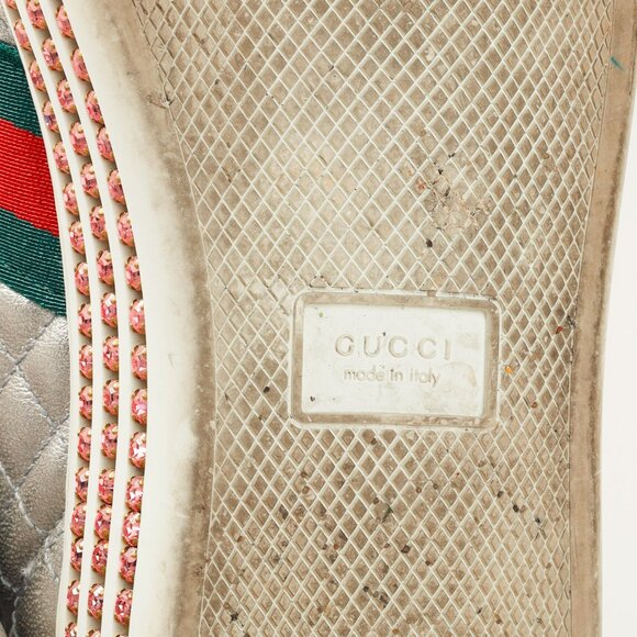 Gucci Ace Silver Quilted-Leather Bee-Webbing Crystal-Platform Sneakers - Picture 5 of 14